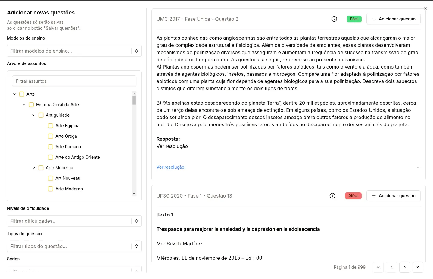 Filtros avançados ao adicionar